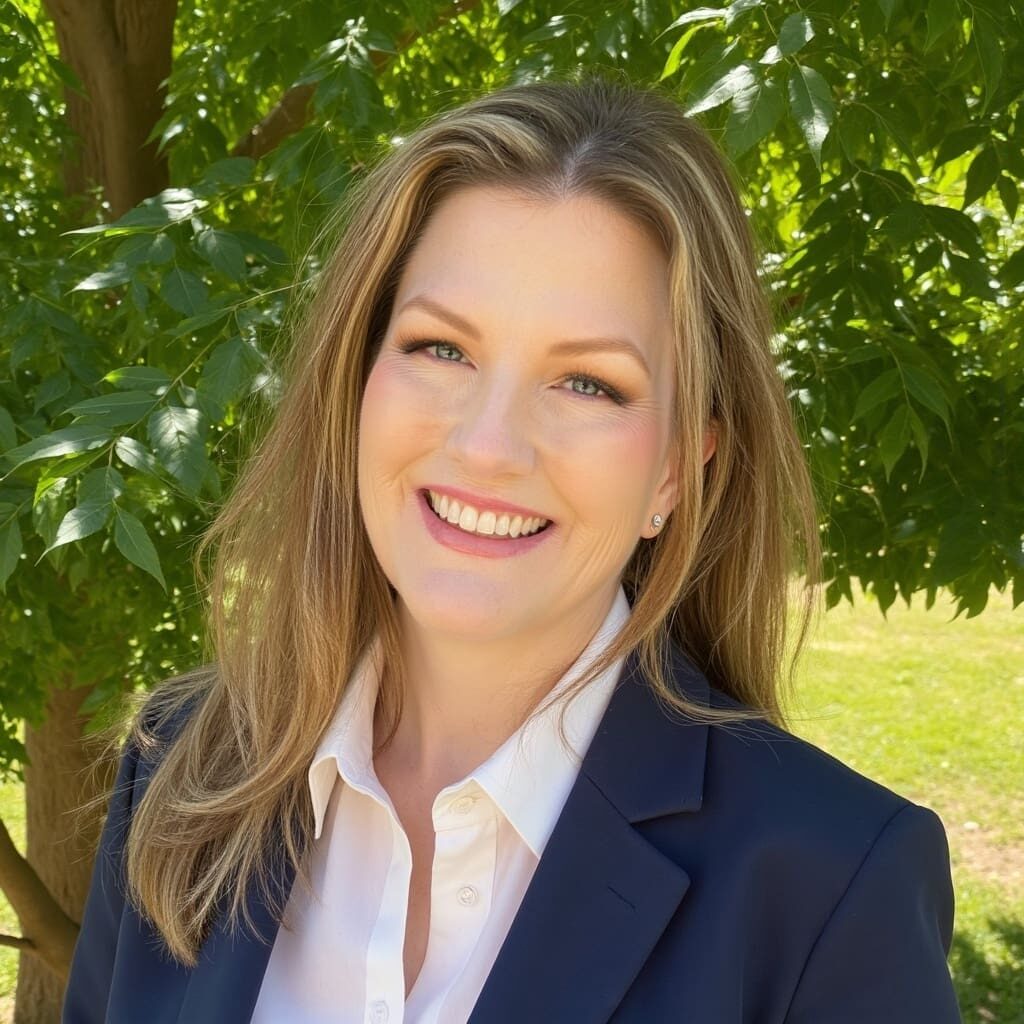 A woman in a suit and white shirt smiling.